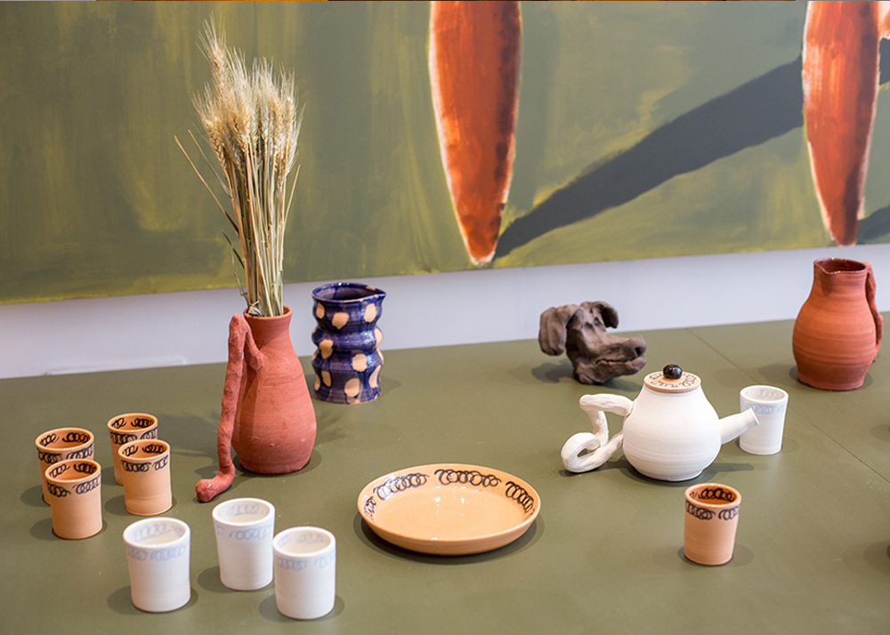 exhibition sayonara painting canvas ceramics vessel cup bowl plate vase pot book 126 silkscreen rooster bench installation rennes artshow clock